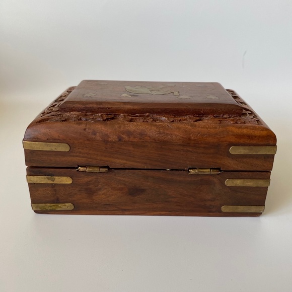 Vintage Jewelry Box Wooden with Elephant Inlay Brass Decor and 3D Florals - Picture 3 of 10